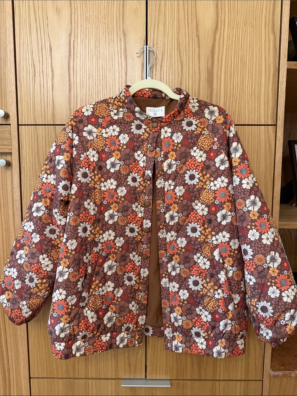 Women's Floral Quilted Puffer Jacket - Brown & Orange
